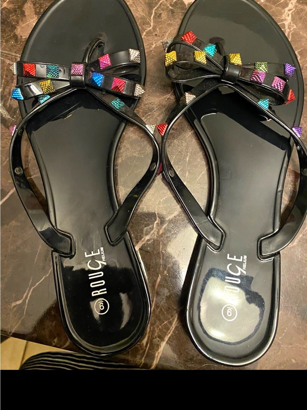 Rouge Helium Black Jelly Sandals with Multicolor Stud Bow
